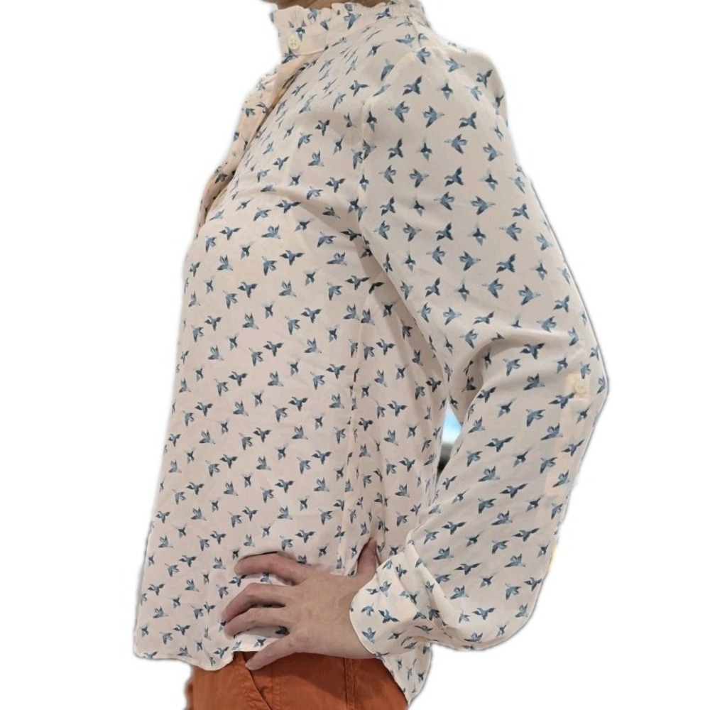 LOFT S (4-6) Pink Blue Bird‎ Print Ruffle Collar Long Sleeve Button-Down Blouse